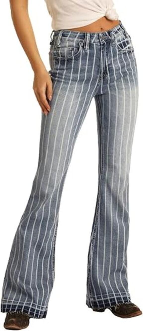 Rock & Roll Cowgirl 31x34 High Rise Trouser Blue White Stripe Jeans Raw Hem